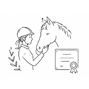 Illustration à l’encre d’une cavalière diplômée caressant un cheval, avec un diplôme