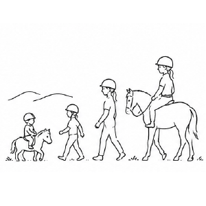 Illustration à l’encre d’une balade en famille, un enfant à poney et un cavalier à cheval