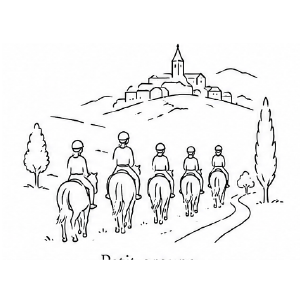 Illustration à l’encre d’un groupe de cavaliers en randonnée sur un chemin de campagne