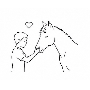 Illustration à l’encre d’un enfant caressant un cheval, entouré d’un cœur