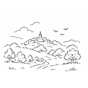 Illustration à l’encre d’un paysage de causse avec un village au loin