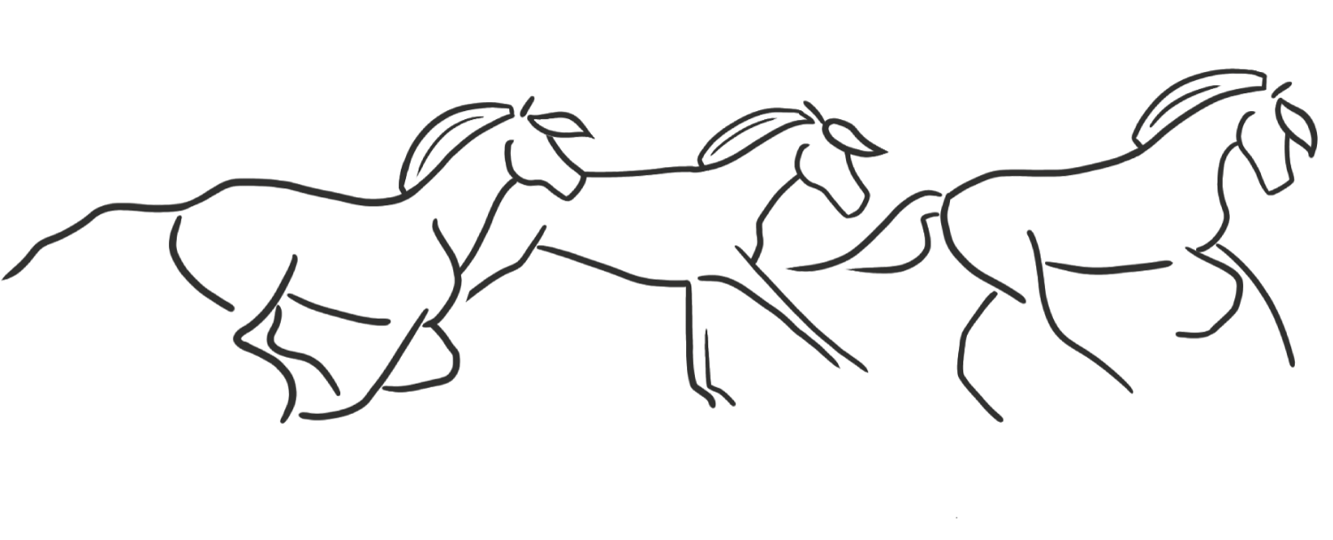 Illustration à l’encre de trois chevaux au galop